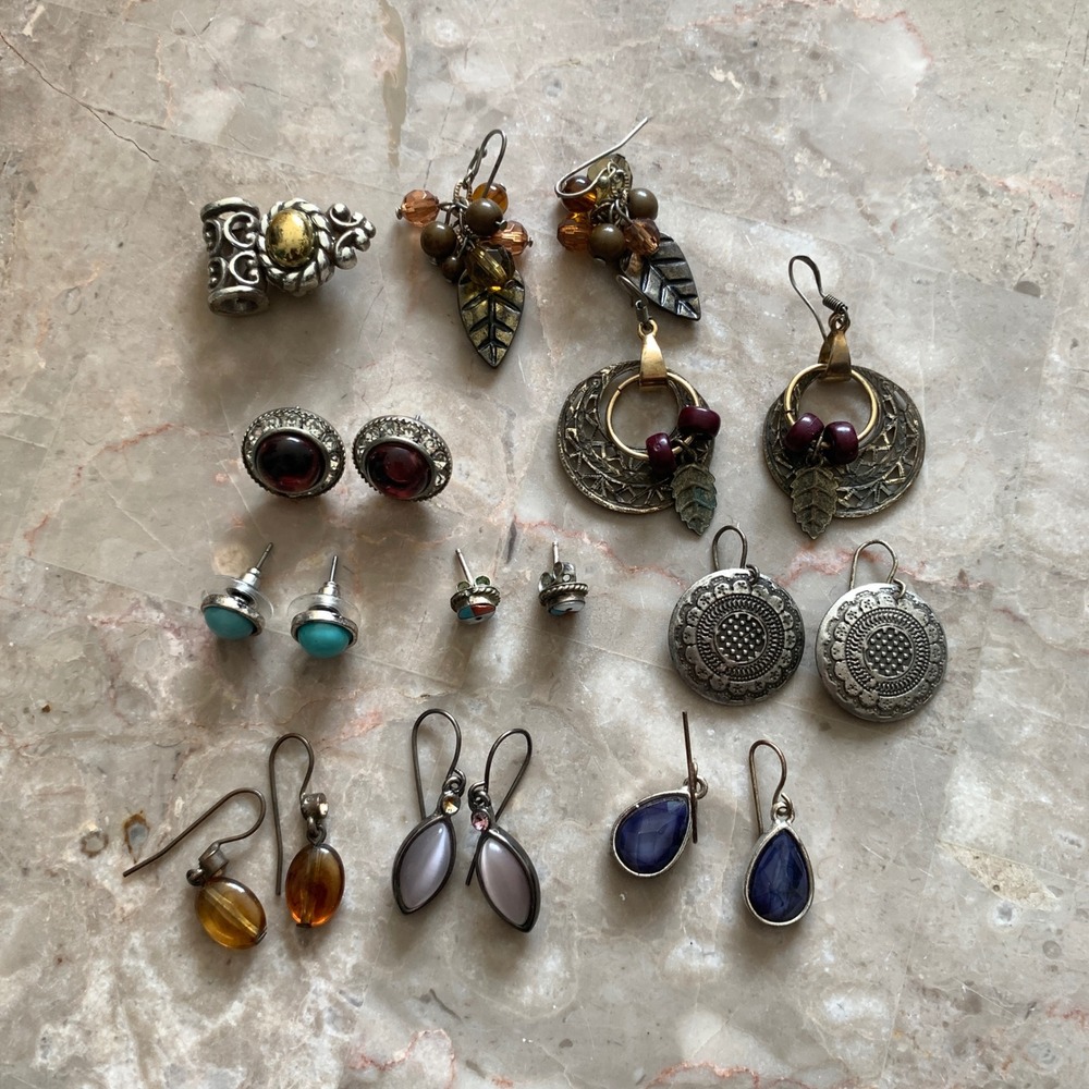 Vintage Boho Earring Lot 10 Pairs Mixed Metals Turquoise Red Blue Leaf Charms